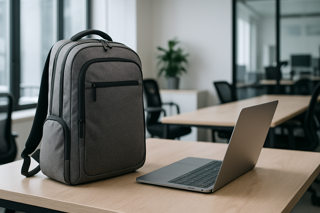 Mochila de trabajo para portátil en una oficina moderna, apoyada junto a un ordenador sobre una mesa profesional.