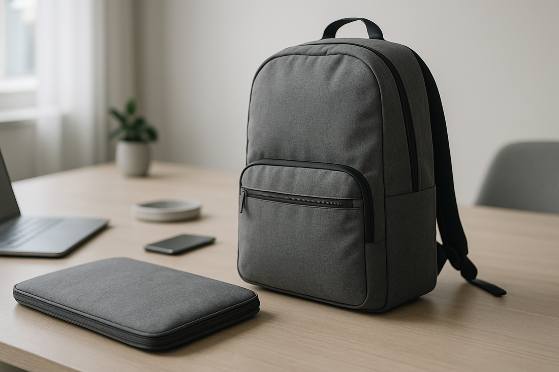 Mesa de trabajo moderna con una mochila para portátil y una funda, ambiente tecnológico y minimalista.