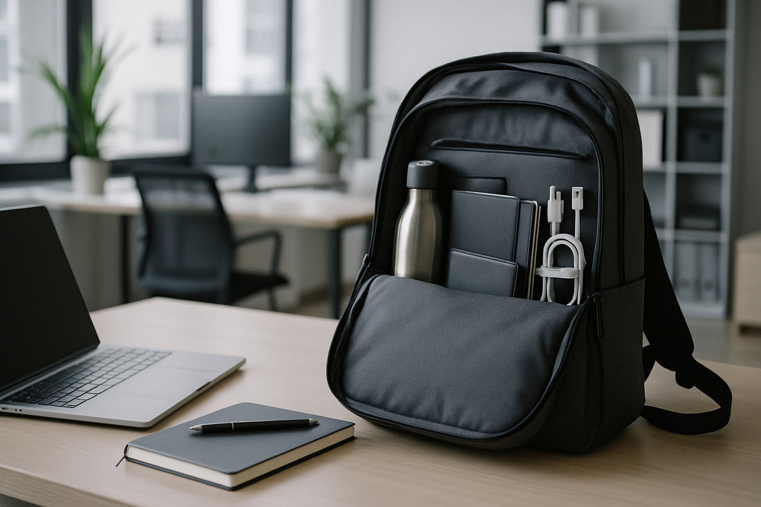 Mochila de oficina abierta con objetos bien organizados sobre una mesa de trabajo